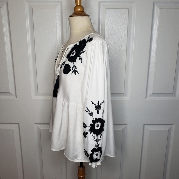 Zara Top M Contrast Embroidery Babydoll Boho Lace Front Bohemian Cottagecore - Picture 8 of 13